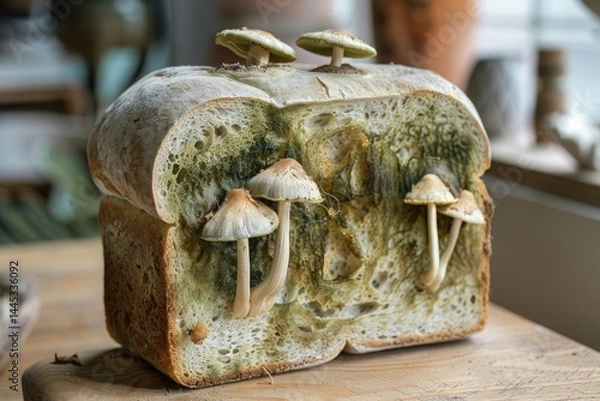 Fototapeta Moldy piece of bread with moldy fungi toadstools growing out of it. Concept of spoiled food with mold, decaying food. Damaged expired Contaminated food.