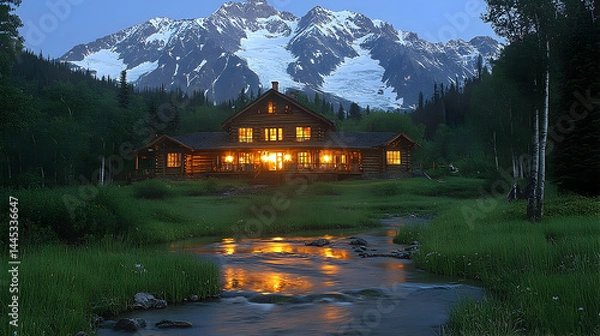 Obraz Rustic mountain cabin at dusk