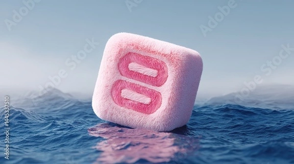 Obraz A minimalist pink logo presenting an open cube crafted from thick plush material, surrounded by waves, floating on water with a blue background in a high-resolution scene.