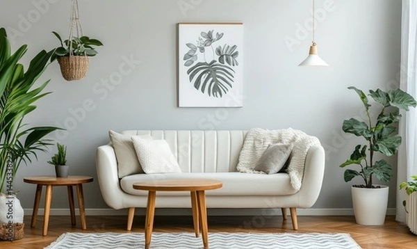 Fototapeta Stylish living room with white sofas and abstract art. AI generated illustration.