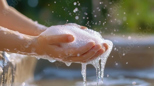 Obraz little kid hands wash with soap bubbles and rinse with clean water to prevent and stop the spread of germs after back to home, virus or covid19. Good health and good personal hygiene, virus, bacteria