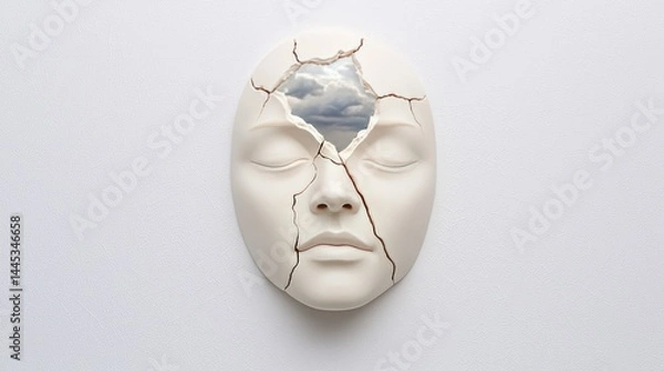 Fototapeta Emotion conflict inner mental. A cracked white mask with closed eyes reveals a sky with clouds inside, symbolizing inner thoughts or imagination.