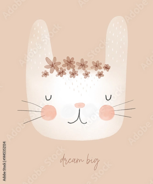 Obraz Cute White Rabbit In A Floral Wreath. White Bunny Head. Dream Big. Vector Illustration Of Sweet Dreamy Baby Rabbit on a Beige Background. Lovely Nursery Art With Bunny Toy. 