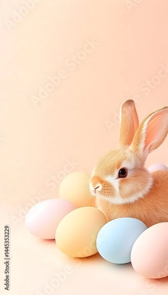Fototapeta An adorable light brown bunny rests amidst pastel-colored Easter eggs against a soft peach background