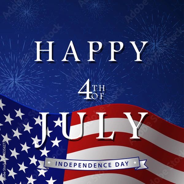 Fototapeta Happy 4th of July background with US national flag, fireworks and stars.