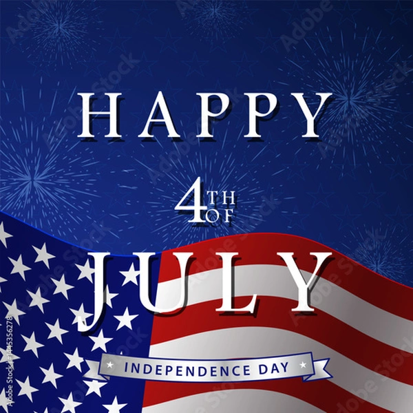 Fototapeta Happy 4th of July background with US national flag, fireworks and stars. Vector illustration.