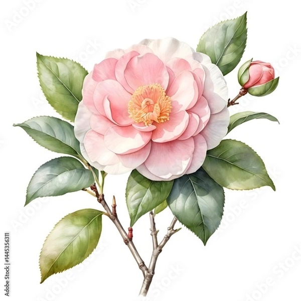 Fototapeta Pink Camellia Flower with Bud and Leaves