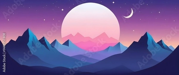 Fototapeta Dreamy Night Landscape with Mountains and Moon