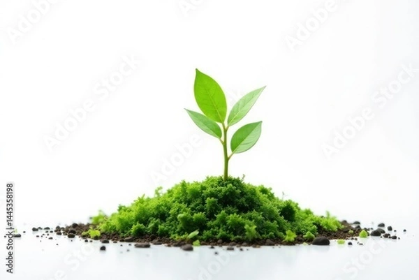 Fototapeta Tiny tree sprout, vibrant green foliage, pure white background, vegetation, treelet, picture