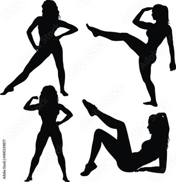Fototapeta Silhouettes of Female Figures in Dynamic Fitness and Dance Poses – Black and White Vector Graphic with Graceful Movement, Minimalist Art Style, Powerful Feminine Shapes, and Contemporary Design