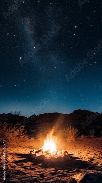 Obraz A campsite with a fire pit in the middle of a starlit desert