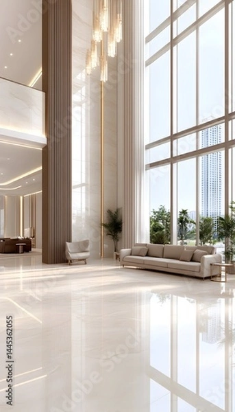 Fototapeta Modern, bright lobby with high ceilings, large windows, beige furniture, and polished floors