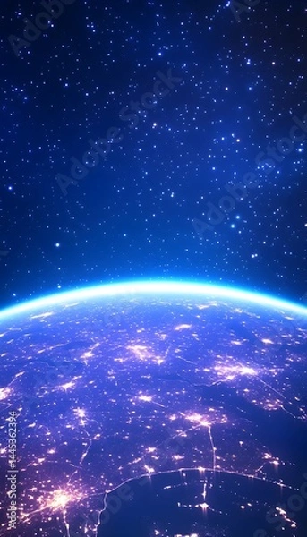 Fototapeta Night Earth view from space showing city lights and a glowing atmospheric rim against a star-filled backdrop