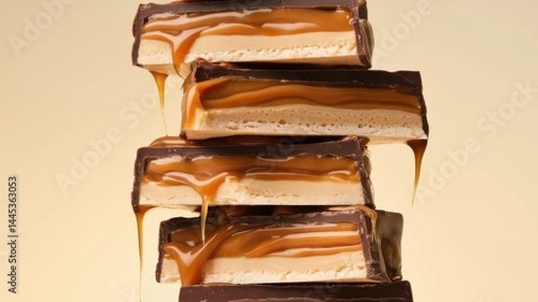 Fototapeta Glossy chocolate bars stacked and dripping golden caramel over warm backdrop