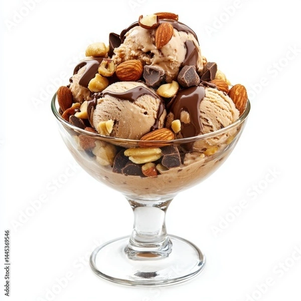 Fototapeta Delicious ice cream sundae topped with chocolate sauce, almonds, and nuts. Vibrant presentation shows indulgence and sweetness, perfect for dessert lovers. Generated AI