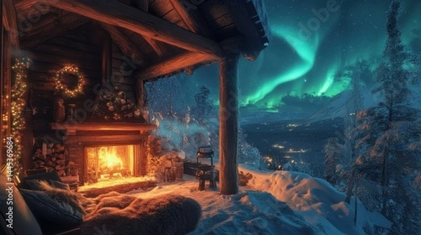 Fototapeta Nordic cabin in the snow, with a roaring fireplace, fur blankets, and a breathtaking view of the Northern Lights