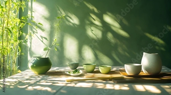 Fototapeta An inviting tea set illuminated by soft sunlight, surrounded by vibrant green plants, creating a serene, calming atmosphere.