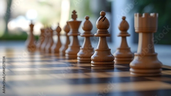 Fototapeta A close-up view of wooden chess pieces arranged perfectly on a chessboard, ready for an engaging game of strategy and skill.
