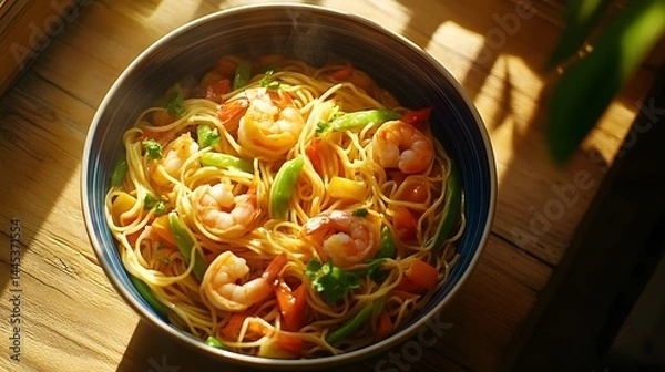Fototapeta A vibrant bowl of shrimp pasta featuring colorful vegetables, beautifully arranged in natural sunlight.