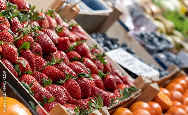 Fototapeta Fresh bright strawberries displayed on a market stall