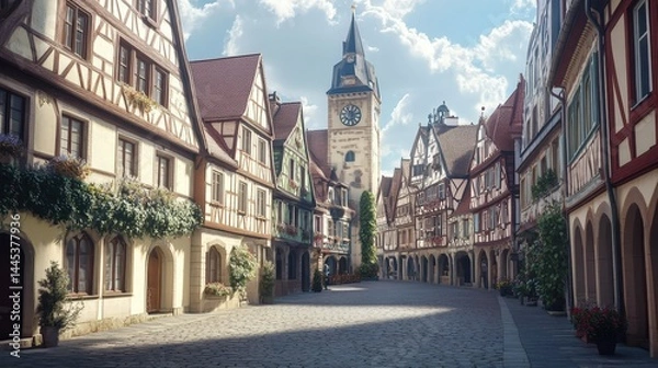 Fototapeta picturesque European town square surrounded by historic half-timbered houses, cobblestone streets, and a beautiful clock tower