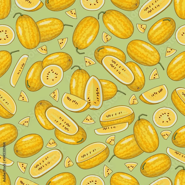 Fototapeta Seamless pattern with Gold in Gold Watermelon. Citrullus lanatus. Vegetables. Isolated vector illustration.