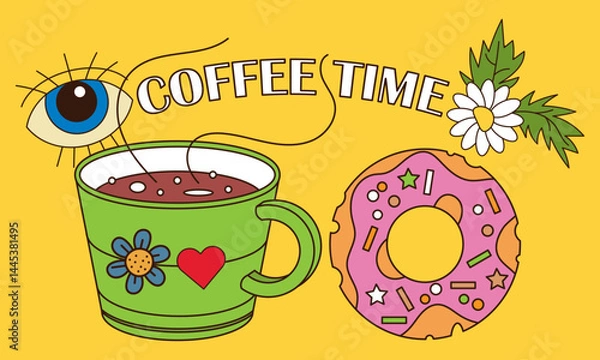 Fototapeta Cup of coffee, donut with icing and sprinkles, inscription Coffee time and other decorative elements. Poster, flyer or other. Vector illustration