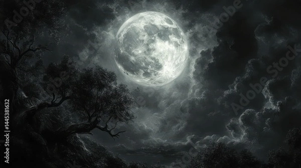 Fototapeta Enchanting full moon illuminating clouds in mysterious night sky