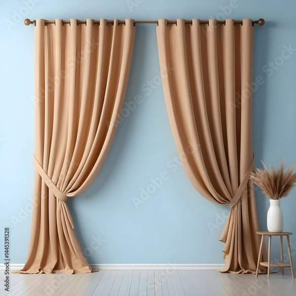 Obraz Beige Curtains Draped Against a Light Blue Wall