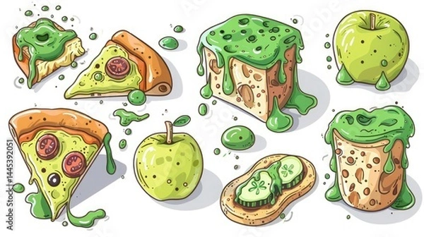 Fototapeta Illustration of set of rotten food with moldy pizza slice, spoiled apple, sandwich, sauce covered with fungus with green spots of decay on white background. Cartoon spoiled dishes