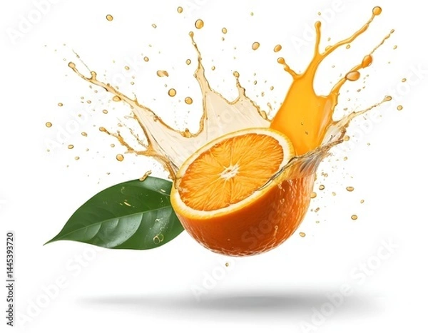 Fototapeta Orange Juice Splash with Leaf