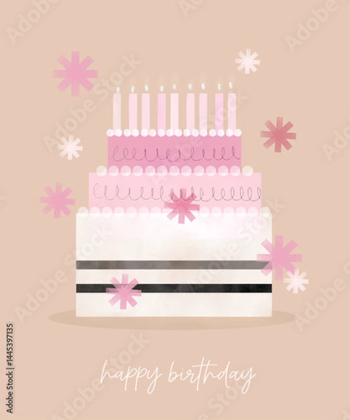 Fototapeta Happy Birthday. Childish Birthday Vector Card. Pastel Pink Cake With Candles and Confetti Rain on a Light Beige Background. Infantile Drawing-like Print for Birthday Wishes. 