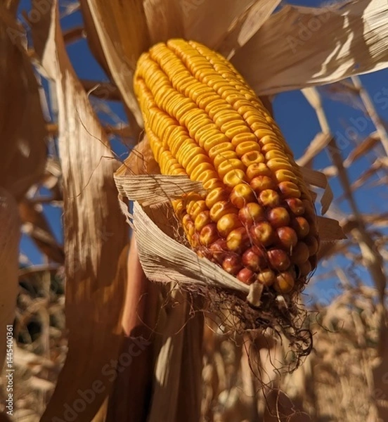 Obraz In the autumn harvest field. One of the ears of ripe corn was exposed. The ear is well formed. The corn field is ready to be threshed by combines, harvesting the corn crop