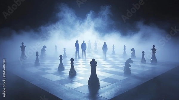 Fototapeta Silhouetted figures stand on a misty chessboard, strategizing amidst a game