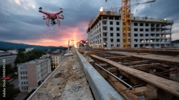 Obraz Drone flying over a construction site on a building rooftop during sunset with cityscape background