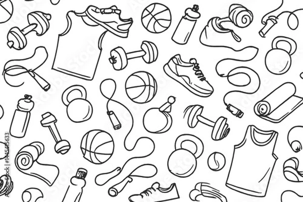 Fototapeta Fitness and sports equipment vector icons featuring shoes, weights, and athletic gear in a dynamic arrangement