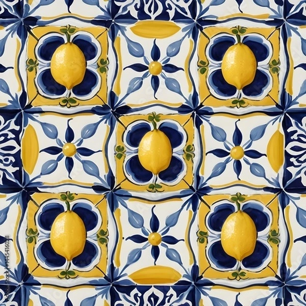 Fototapeta Seamless Portuguese Azulejo Tile Pattern with Lemons