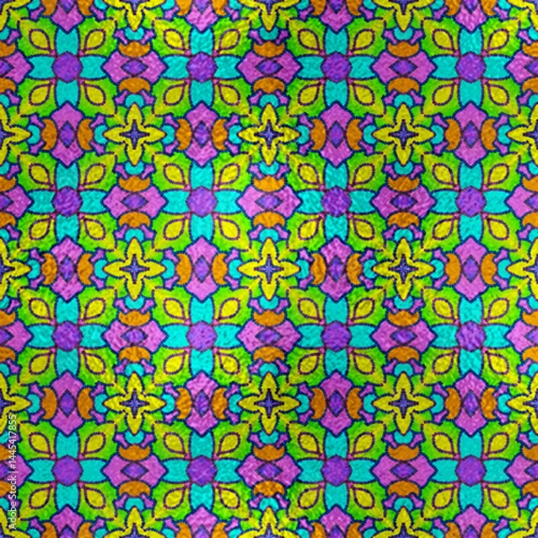 Fototapeta Colorful Folk-Inspired Seamless Pattern with Fabric Texture