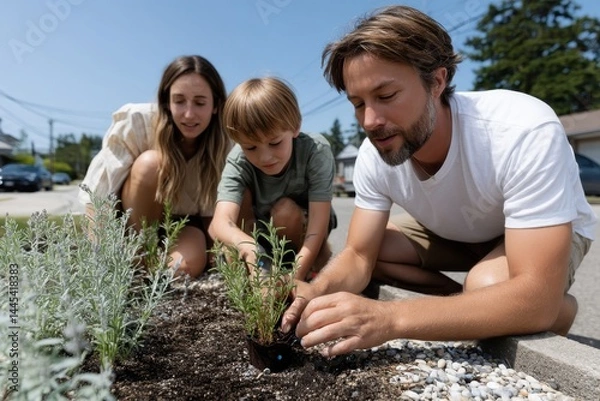 Fototapeta A family enjoys a sunny day planting new herbs in their garden, fostering togetherness and a love for nature as they bond over a shared gardening experience.