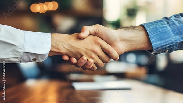 Fototapeta Handshake: Two hands clasped in a firm handshake, representing agreement, partnership, or a successful deal, set against a softly blurred, professional backdrop.