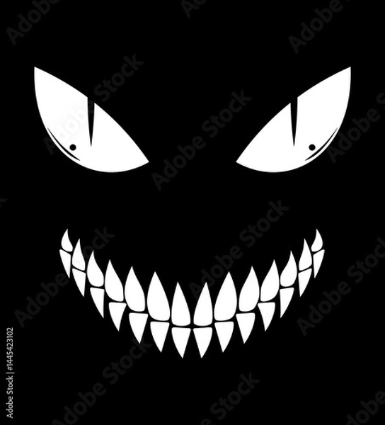 Fototapeta stylized of a sinister grinning face with sharp teeth and piercing eyes on a black background, conveying a sense of horror or mystery vector illustration