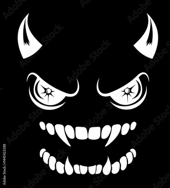 Fototapeta stylized of a sinister grinning face with sharp teeth and piercing eyes on a black background, conveying a sense of horror or mystery vector illustration