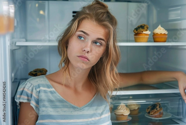 Fototapeta Young woman with a skeptical expression looking into a nearly empty fridge with moldy cupcakes, concept of food waste, expired products, or healthy eating choices