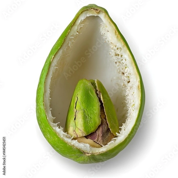 Fototapeta Halved Avocado Showing Its Inner Pit and Creamy Texture on a White Background