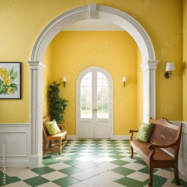 Obraz Bright Yellow Hallway with Green and White Checkered Floor
