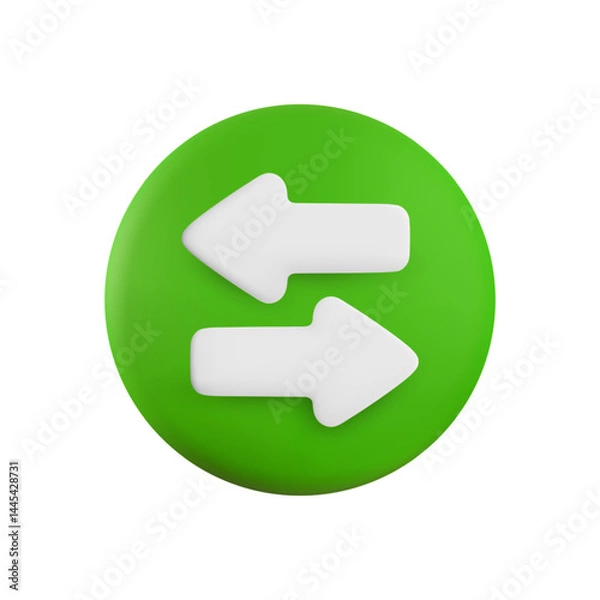 Obraz Vector cartoon 3d arrow button. Cute realistic left and right oncoming direction white arrows on green circle. 3d render plastic navigation direction icon for infographic, web, app, game, design.