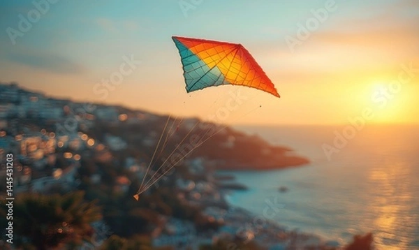 Obraz Colorful kite soaring against a vibrant sunset over a coastal town