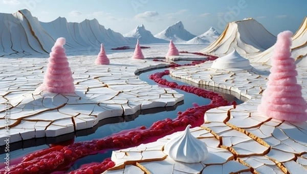 Fototapeta Pink candy, white meringue, red river, cracked dessert landscape. 3D