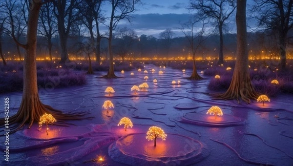 Fototapeta Purple Swamp Night Scene Illuminated Trees Digital Art