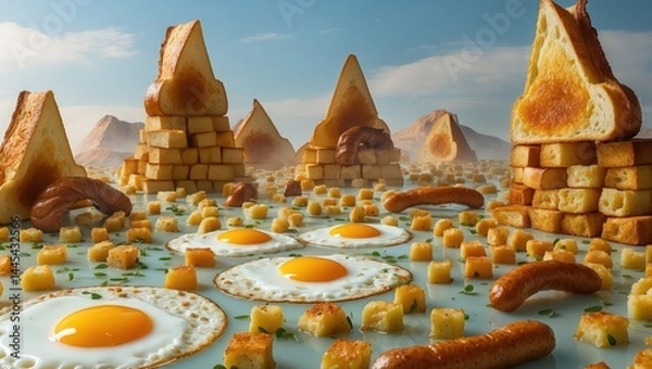 Fototapeta Sunny Side Up Eggs Toast Croutons Sausages Surreal Food Landscape